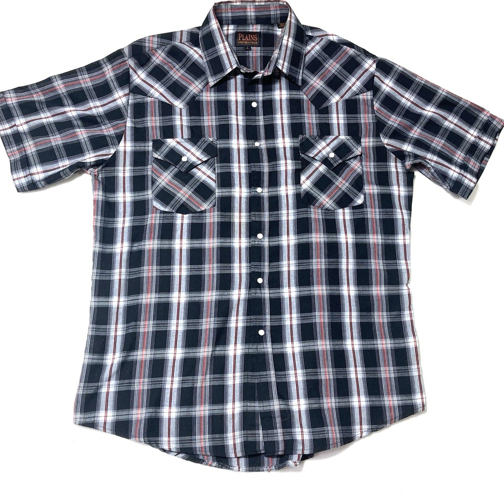 Plains Western Wear Mens Large Plaid Black Red Pearl Snap Casual Button Up Shirt